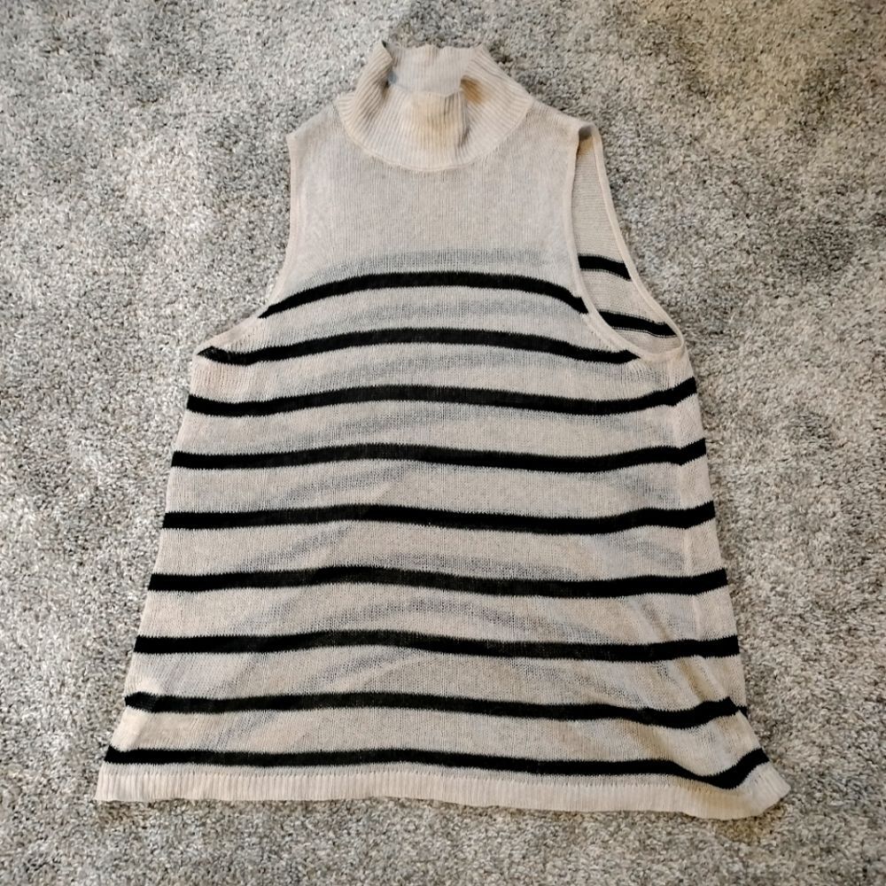 LOFT Linen Blend Black Striped Beige Sleeveless Mock Turtleneck Sweater Sz S